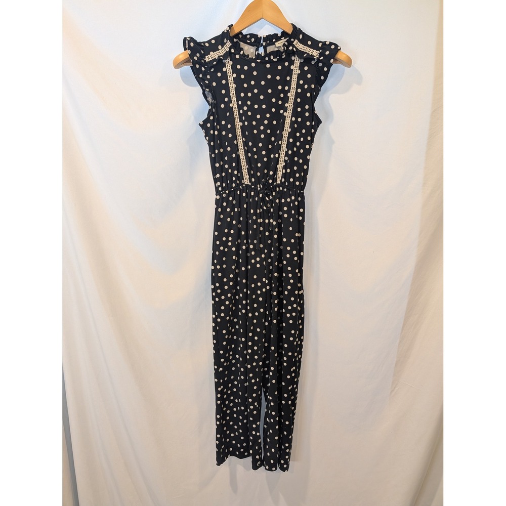 Monteau Los Angeles Girls Black Polka Dot Ruffle Lace Trim Jumpsuit Size L